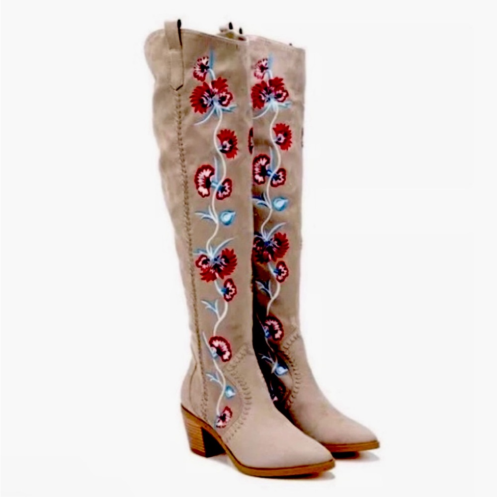 Carlos Santana Beige Knee-High Boots with Red Floral Embroidery